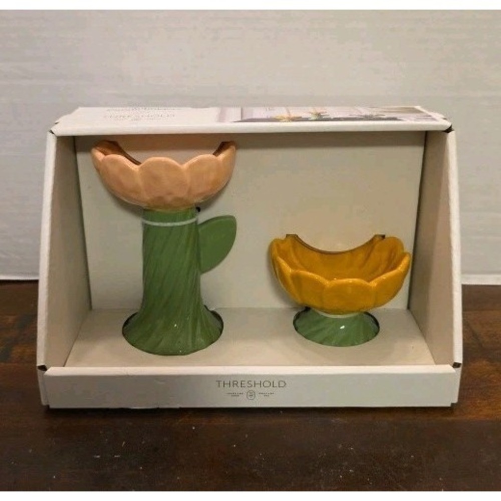 NIB Two-piece Taper Candle Holders Ceramic By Threshold Pink And Yellow Flowers